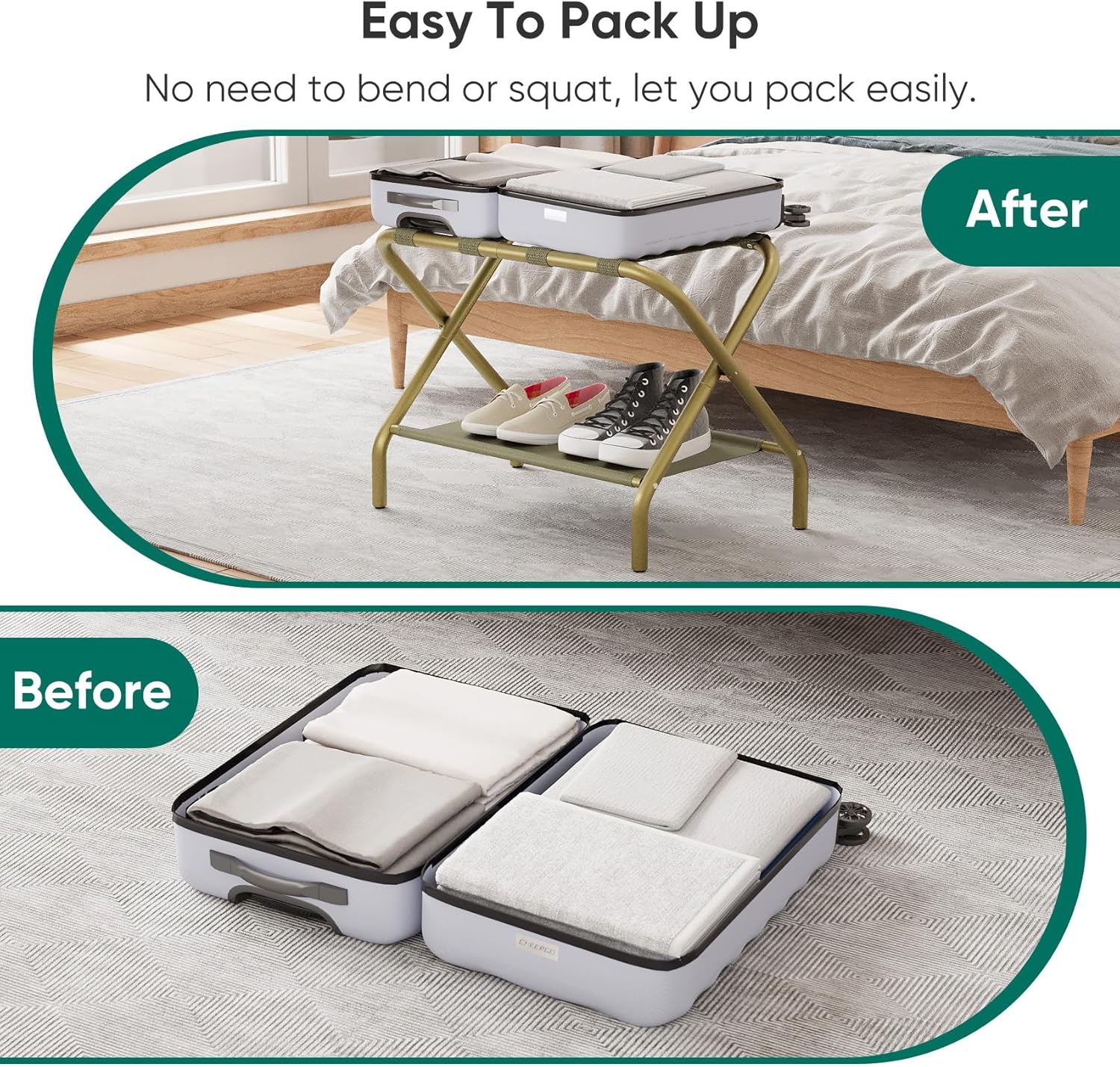 Smuxee Gold Luggage Rack, Foldable Suitcase Stand with Fabric Storage Shelf, Luggage Holder with 4 Nylon Straps for Guest Room Bedroom Hotel
