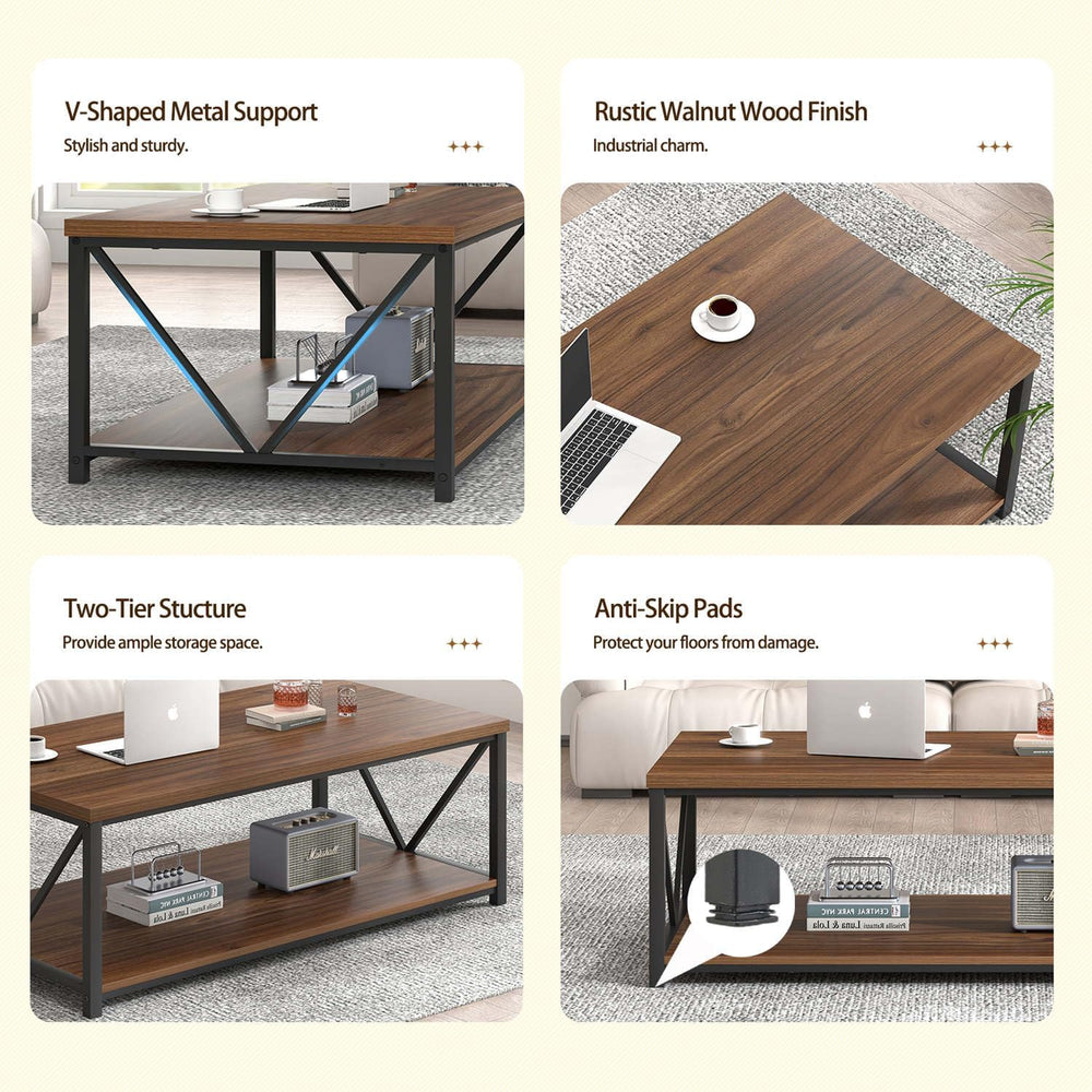 FOLUBAN Modern Coffee Table, Wood and Metal Center Table with Storage, Indust...