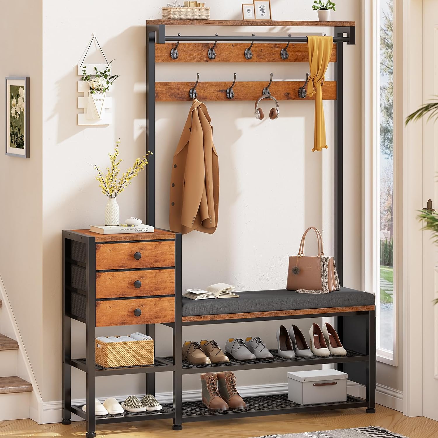 Itaar Coat Rack, Hall Tree with Bench and Shoe Storage, 7-in-1 Entryway Bench with Soft Cushion, Storage Bag, 3 Fabric Drawers(Rustic Brown)