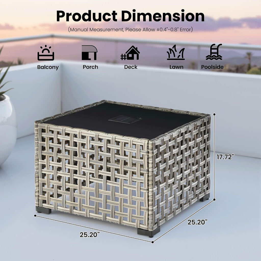 ovios Outdoor Side Table with Tempered Glass Top, Patio Wicker Solar Table, Rattan Bistro End Table for Porch Deck Balcony Garden Poolside, Mixed Brown