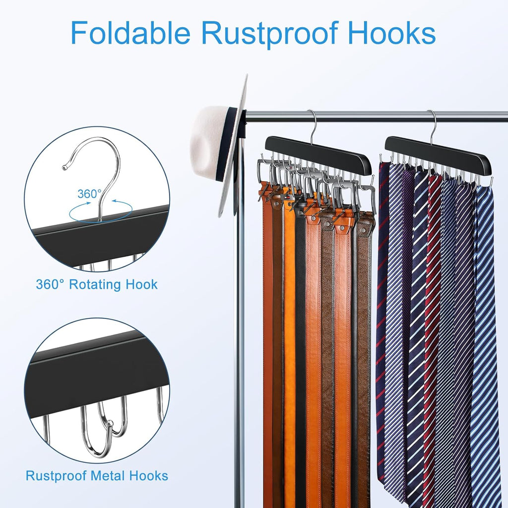 Belt Hanger for Closet Max 42 Belts, Sturdy Wood Belt Rack Closet Accessories with 14 Hooks Belt Organizer for Closet Organizers and Storage -Black 1 Pack