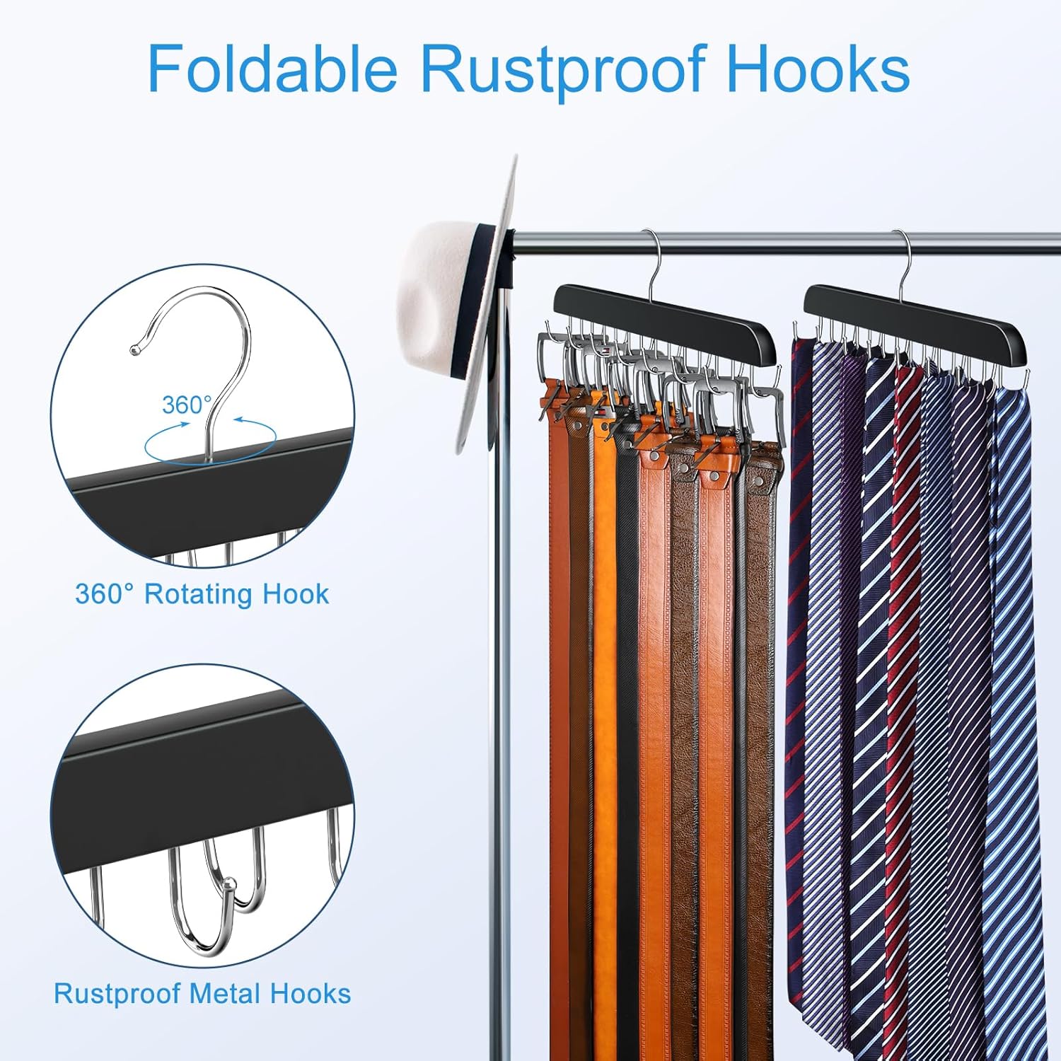 Belt Hanger for Closet Max 42 Belts, Sturdy Wood Belt Rack Closet Accessories with 14 Hooks Belt Organizer for Closet Organizers and Storage -Black 1 Pack