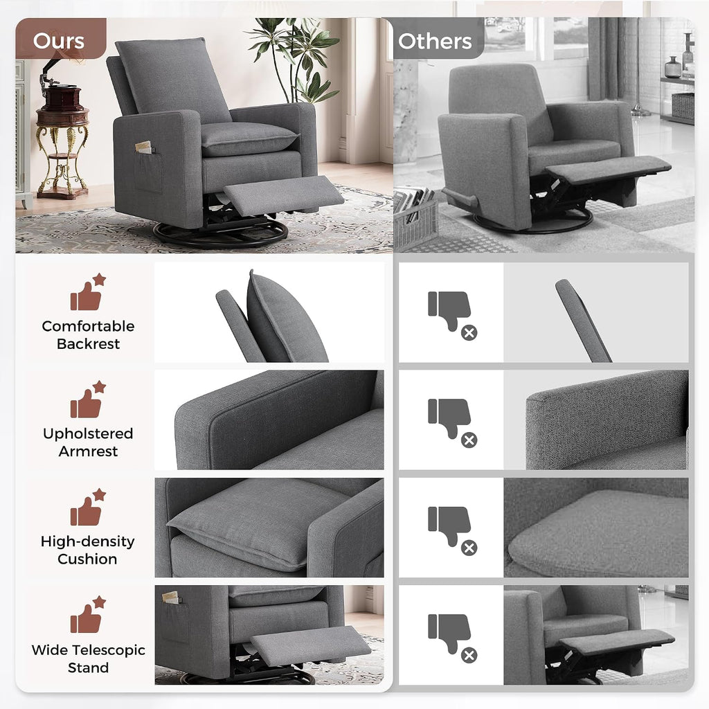 Swivel Glider Recliner for Adult Indoor Upholstered Lounge Nursery Chair Single Sofa with Side Pockets for Living Room Bedroom