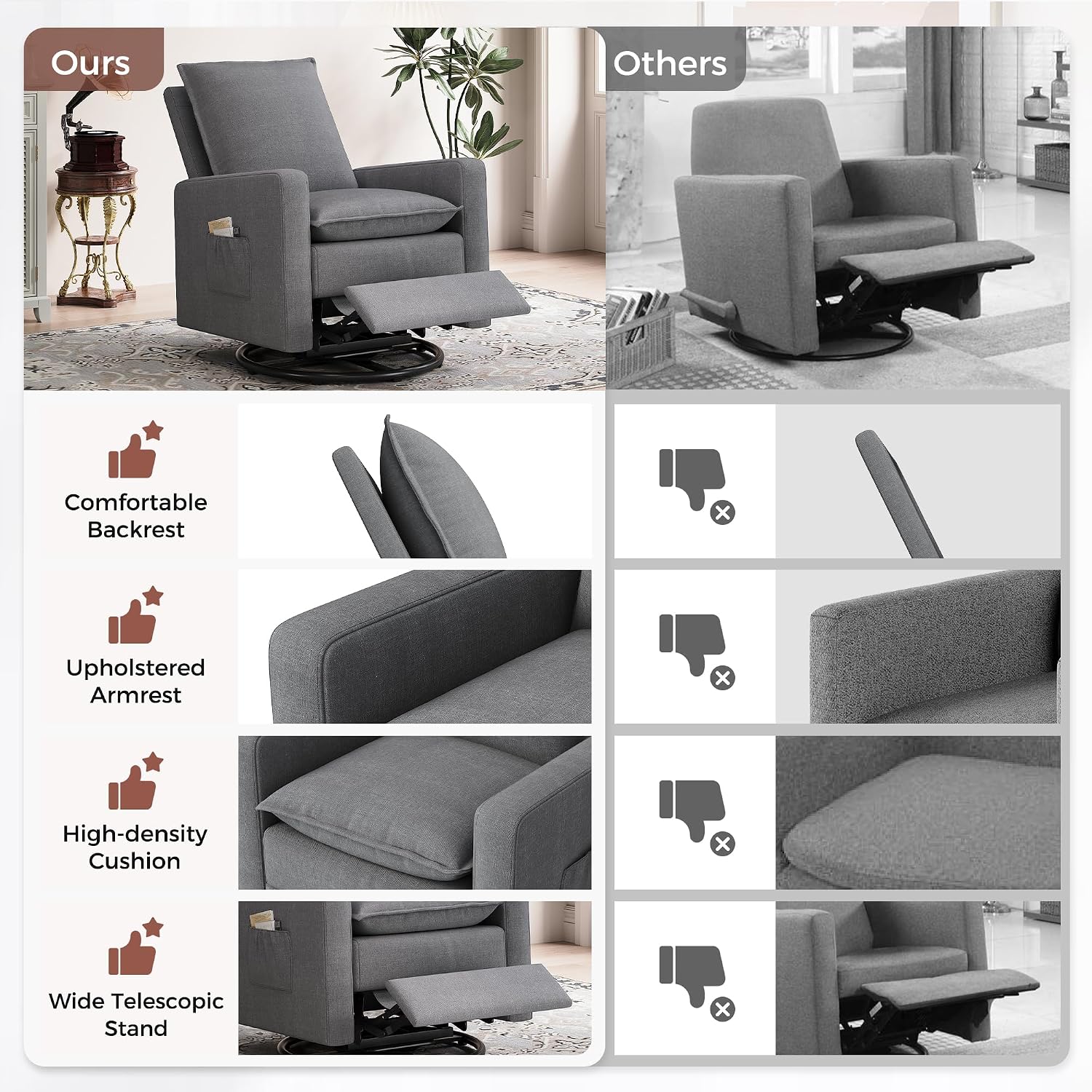 Swivel Glider Recliner for Adult Indoor Upholstered Lounge Nursery Chair Single Sofa with Side Pockets for Living Room Bedroom