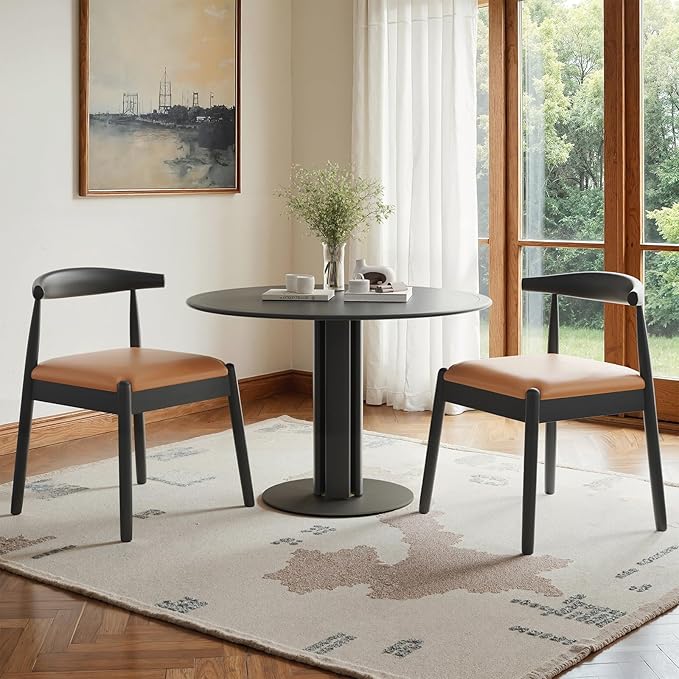 Farini Mid Century Modern Dining Chairs Set of 2, Solid Wood Frame Kitchen Chairs with PU Leather Upholstered Seat for Dining Room & Breakfast Nook,Black-Whiskey Brown