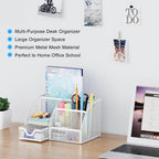 EasyPAG Mesh Desk Organizer with Drawer Multi-Functional Pen Holder Stationery Organizer for Office School Supplies 6 Compartments Dorm Organizers and Storage for Desk, White