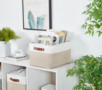 DECOMOMO Storage Baskets for Shelves - Fabric Storage Bins, Linen Closet Organizers and Storage (Beige & White, Large - 3 Pack)