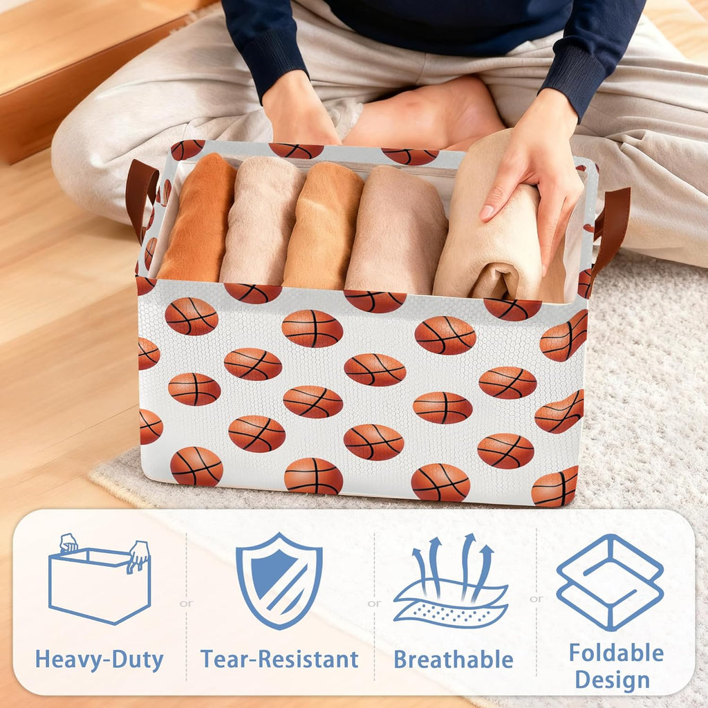 Basketball Collapsible Storage Box,Organizer Bin with Handles for Room Decoration,Bins Book Basket Box 17x11.5x10Inch
