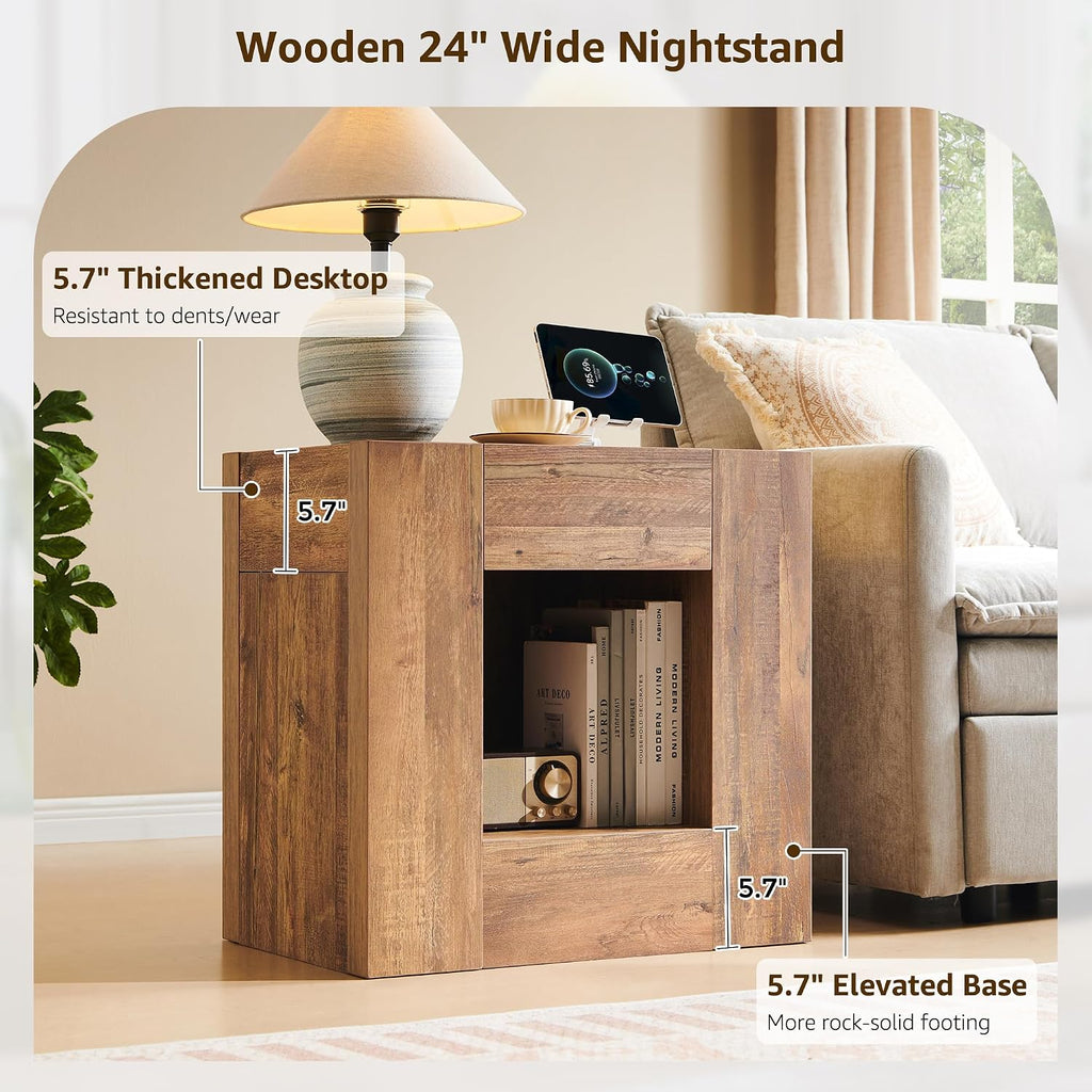 OKD 24" Modern Nightstand Set of 2 w/Drawer/Storage Shelf,Gold Rustic Brown | End Table, Wood Thick Design, Rustic Square Bedside Table w/ Charging Station