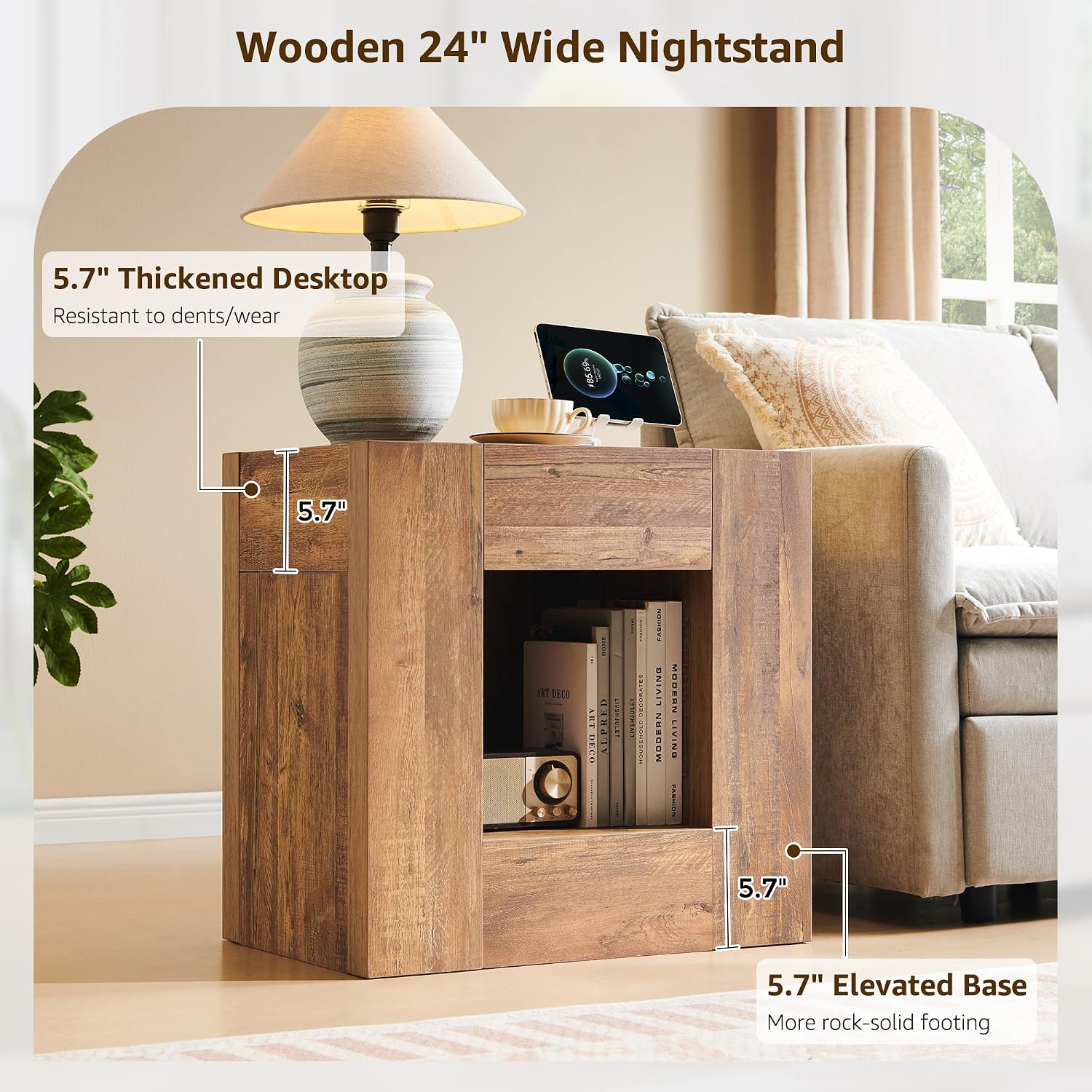 OKD 24" Modern Nightstand Set of 2 w/Drawer/Storage Shelf,Gold Rustic Brown | End Table, Wood Thick Design, Rustic Square Bedside Table w/ Charging Station