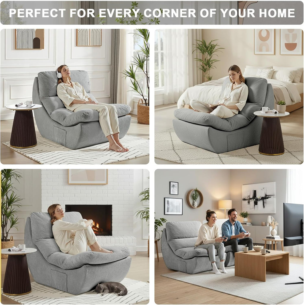 Set of 2 Giant Bean Bag Chairs for Adults, Boneless Lounge Chair, Togo Sofa, Fireside Chair, Anti Cat Scratch Fabric with Machine Washable, Single Sofa for Bedroom, Living Room, Reading Corner (Grey)