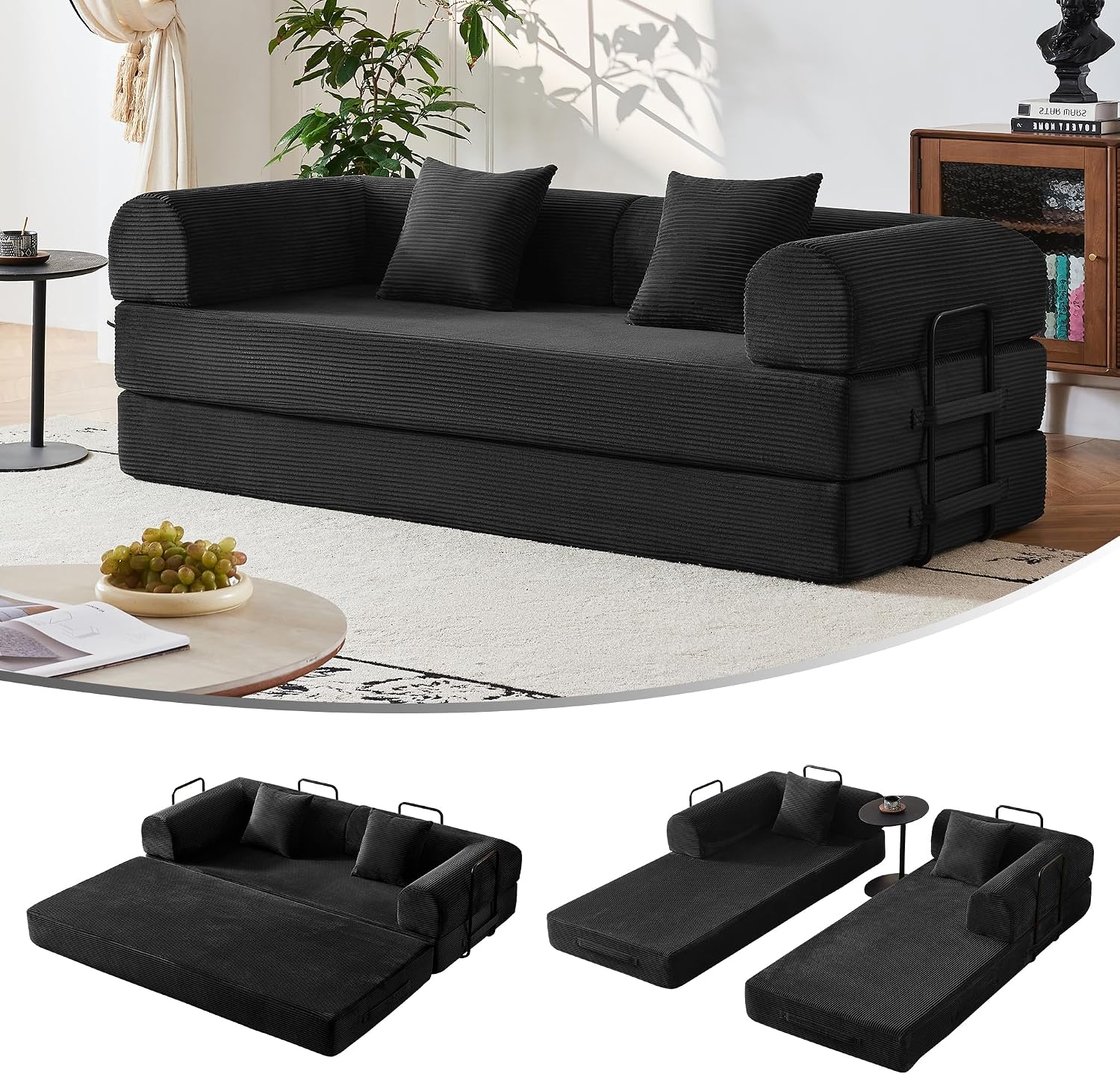 79" Convertible Sofa Bed, Boneless Couches for Living Room | Corduroy Futon Sofa Bed with Pocket Springs, Modular Sleeper Couch in a Box, No Assembly, Black