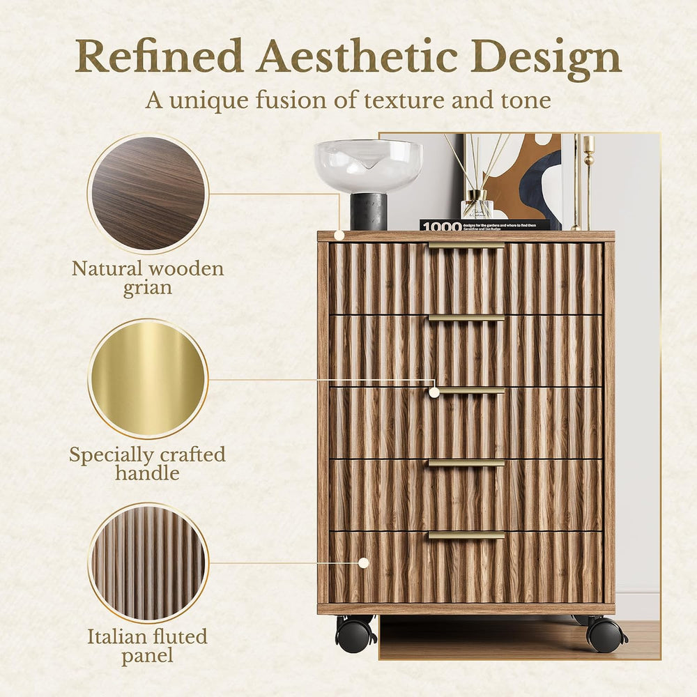 5 Drawer Chest, Under Desk Storage Wood Drawers with Wheels, Fluted File Cabi...