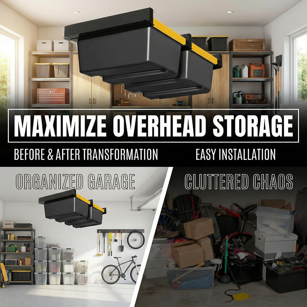Overhead Garage Storage Rack,Garage Ceiling Storage 3 Rails Set, Overhead Storage Rack to Hold 2 Plastic Totes, Metal Ceiling Racks for Garage Storage to Free Up Floor Space, Garage Organizer System