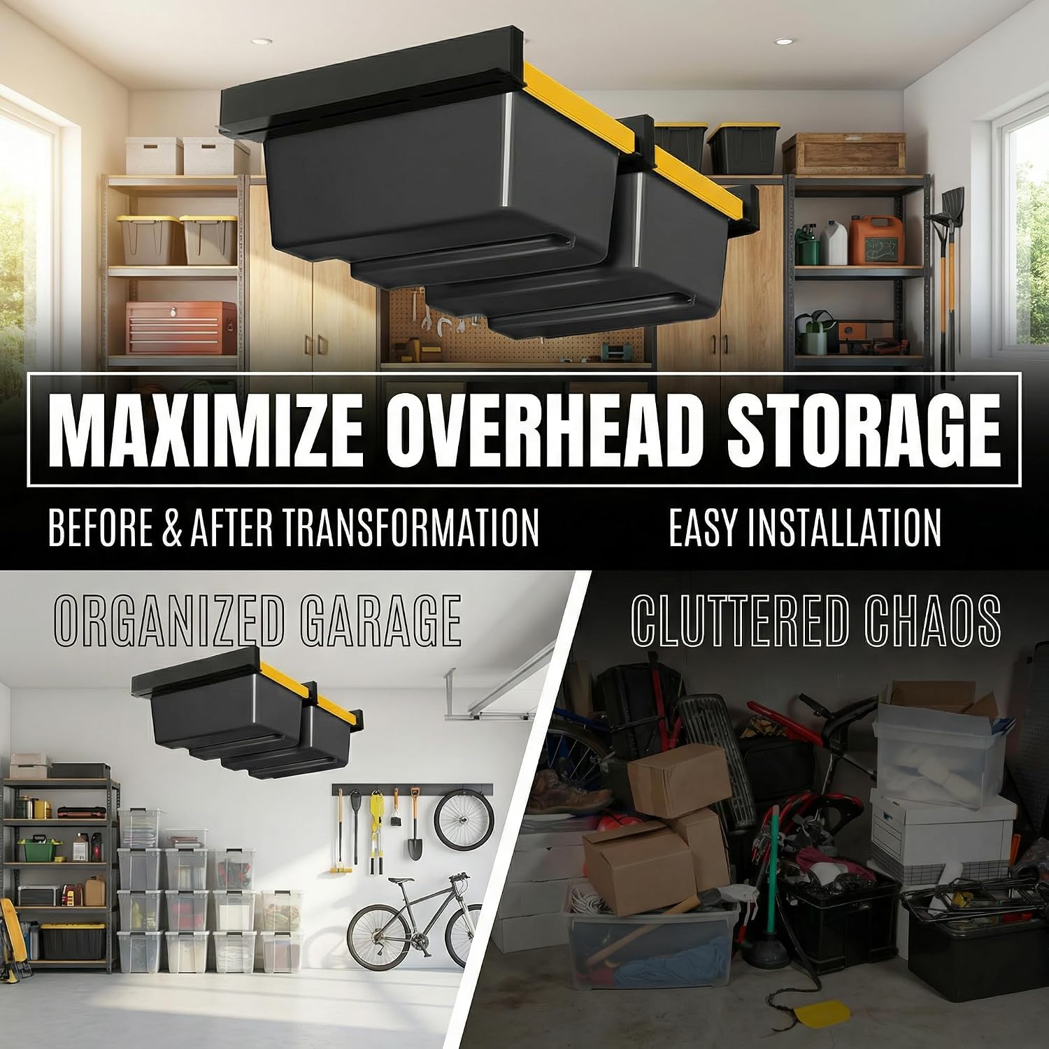 Overhead Garage Storage Rack,Garage Ceiling Storage 3 Rails Set, Overhead Storage Rack to Hold 2 Plastic Totes, Metal Ceiling Racks for Garage Storage to Free Up Floor Space, Garage Organizer System
