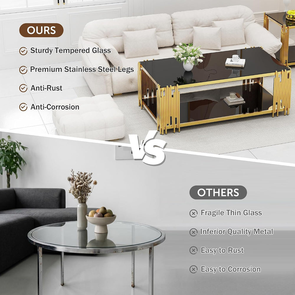 Glass Coffee Table Set of 3, End Table Modern Living Room Table Rectangle Cle...