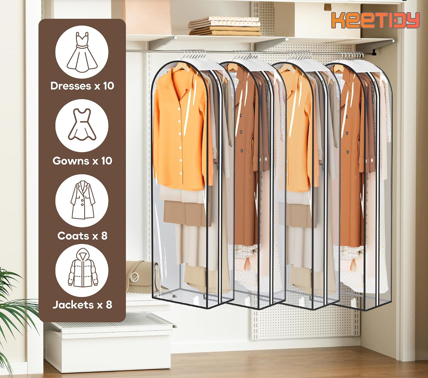 KEETDY 10" Guessted Garment Bags for Hanging Clothes, All Clear 60" Long Dress Bag for Closet Storage for Gowns, Coats, Suits Cover（4 Packs）