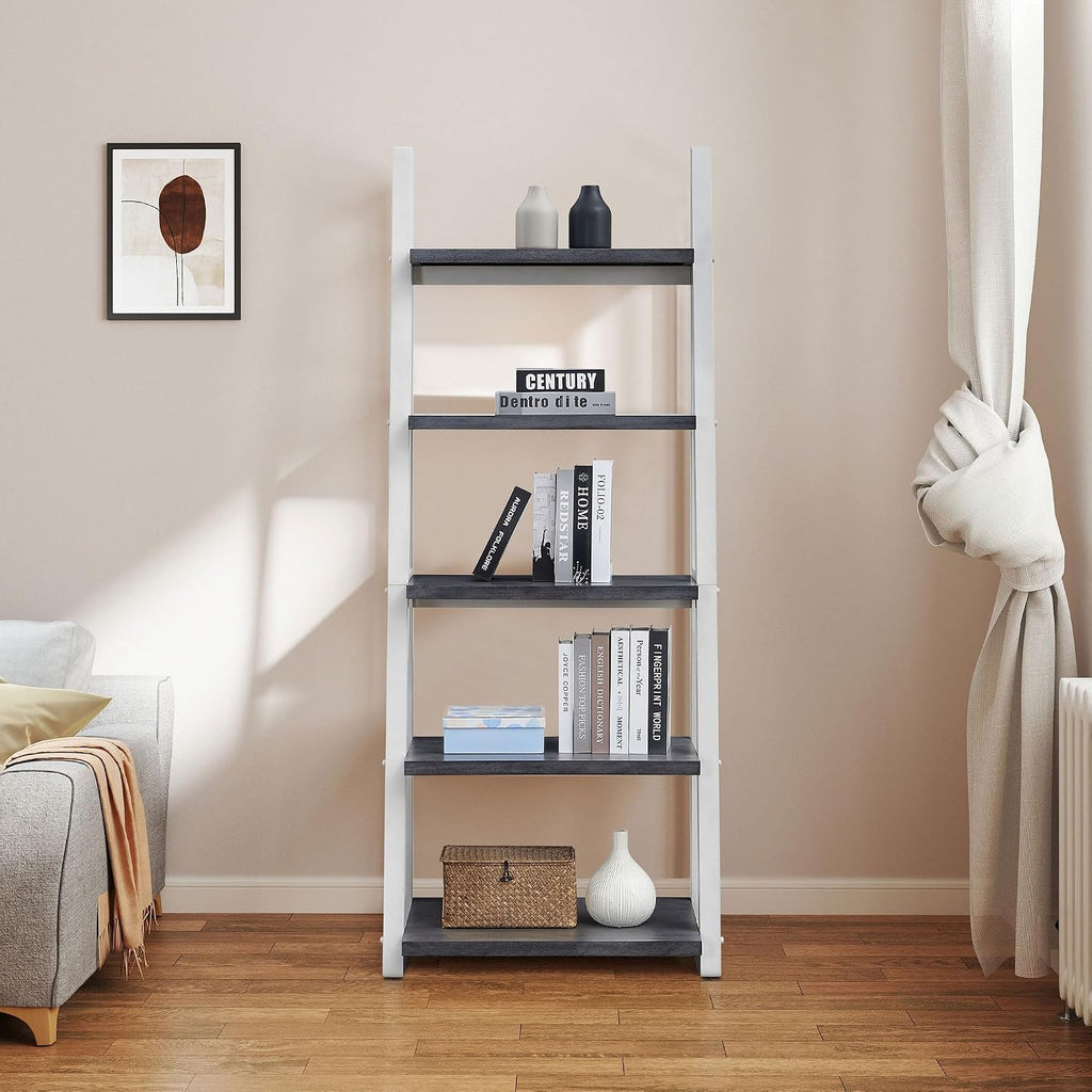 roomfitters 5-Tier Shelves, Modern A-Frame Ladder Bookshelf, Wooden Leaning Decorative Storage Display Rack, Grey and White