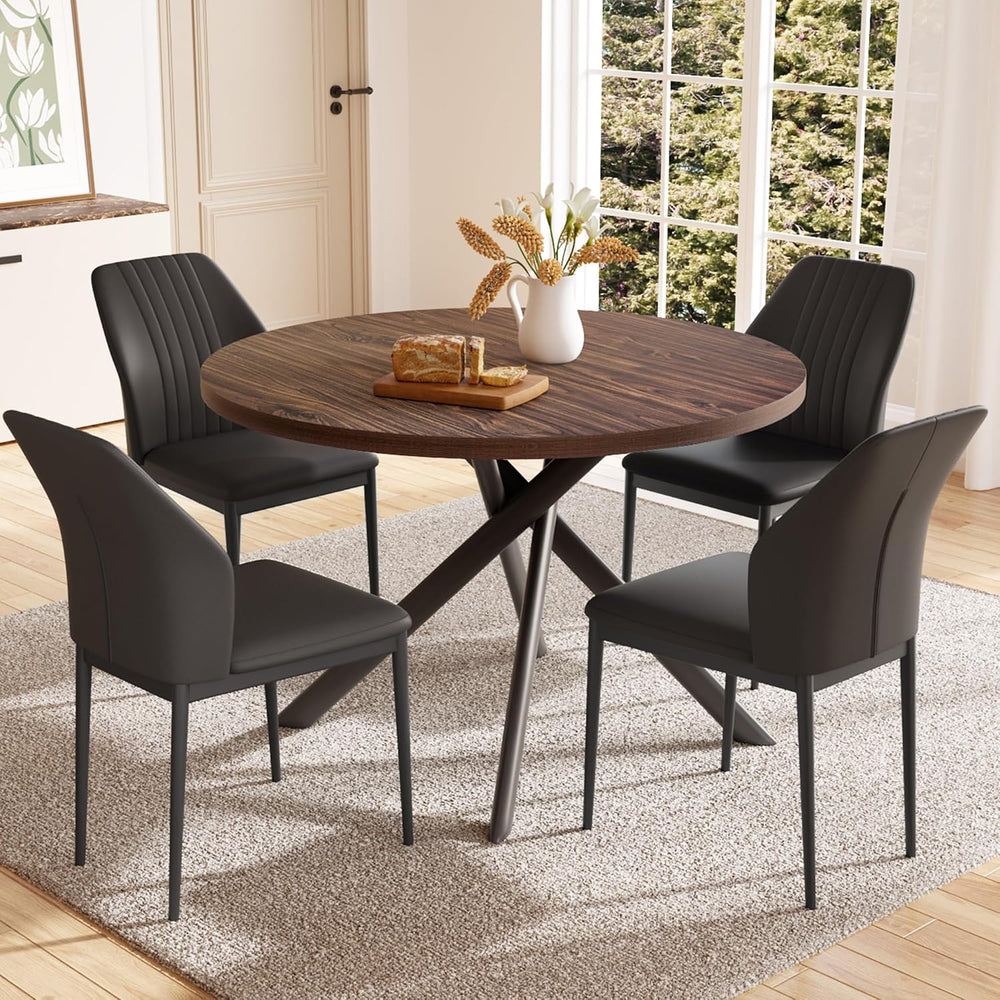 HIPIHOM 45.3'' Walnut Round Dining Table Set for 4, Mid Century Moder...