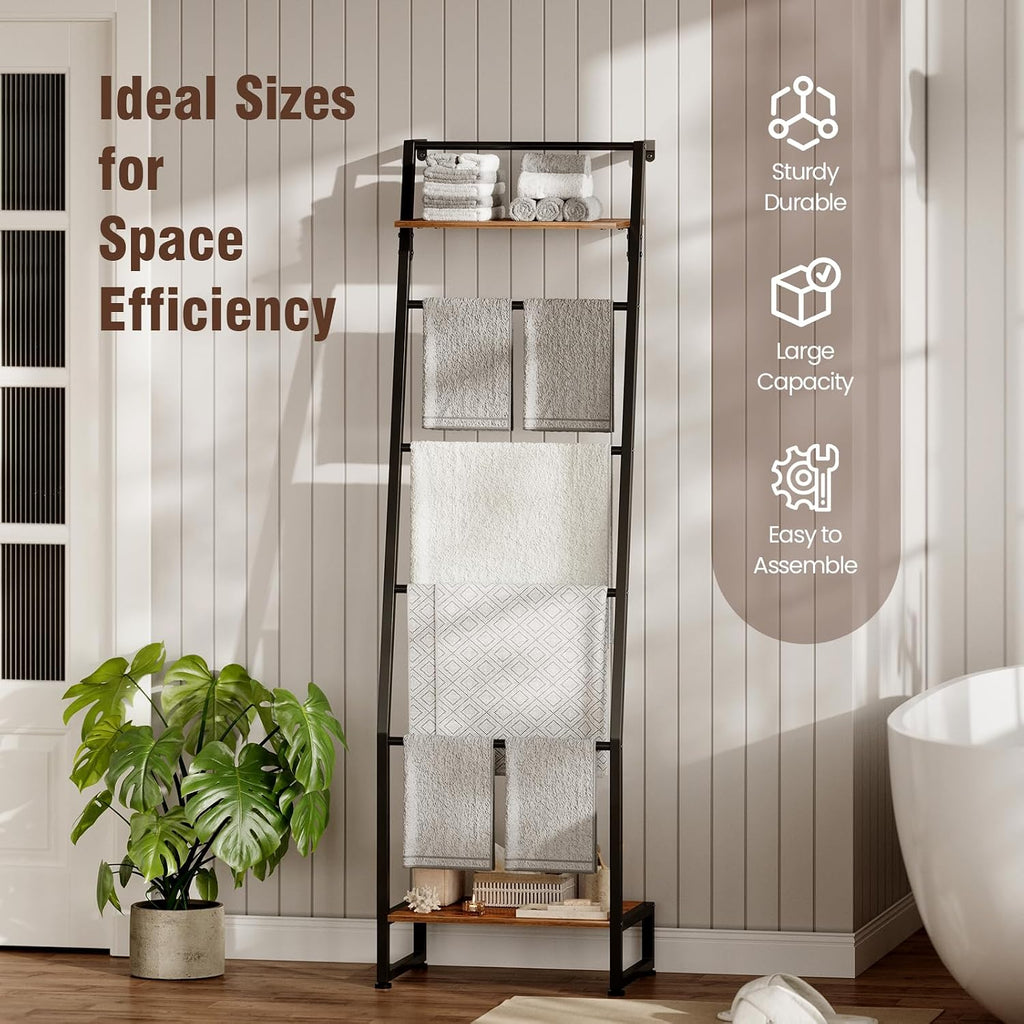 Nuoex Blanket Ladder with Shelf, 6 Layer Wall-Leaning Blanket Rack, Farmhouse Blanket Shelf for Storage and Home Decor, Freestanding Rack for Bathroom, Rustic Brown and Black