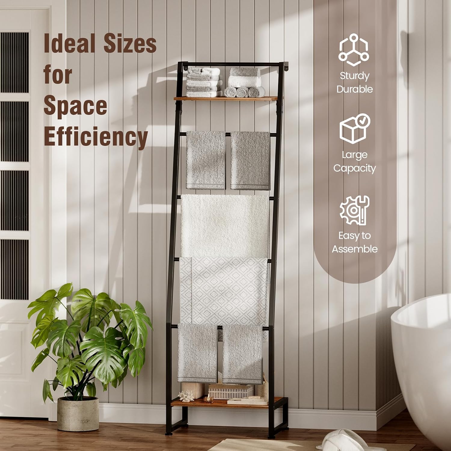 Nuoex Blanket Ladder with Shelf, 6 Layer Wall-Leaning Blanket Rack, Farmhouse Blanket Shelf for Storage and Home Decor, Freestanding Rack for Bathroom, Rustic Brown and Black
