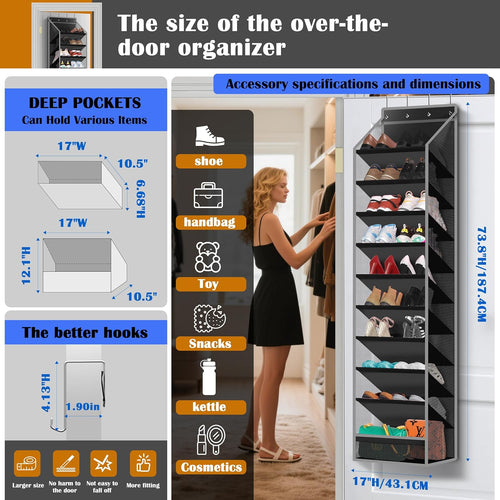 10 - Pocket Over - the - Door Hanging Shoe Organizers & Rack, Made of Sturdy 600D Oxford + Non - Woven Fabric, Space - Saving Storage for Shoes, Boots & More (Black)