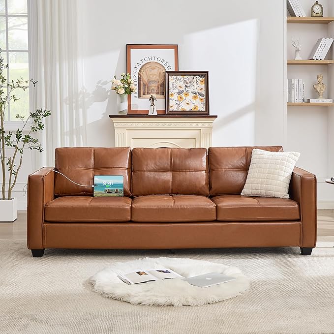 TYBOATLE 88" W Faux Leather Couches for Living Room w/Side Pockets, Mid-Century Modern Tufted Comfy Leather Couch w/USB and Wider Arms, 3 Seater Sofa for Office, Apartment, Bedroom