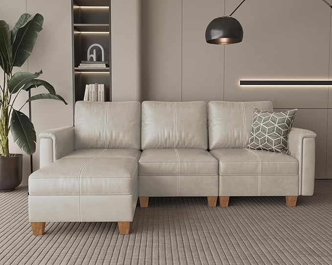 SITJOY 91" Faux Leather Modular Sectional Sofa with Storage, Mid Century Modern Sectional Couches for Living Room, Soft Padded Armrests, 3 Seater L-Shaped Couch with Ottoman, Greige