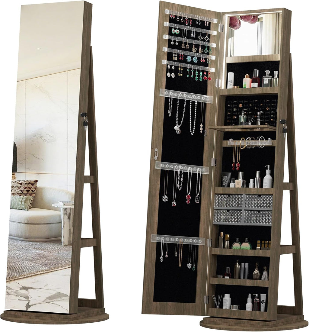 Montary 360° Rotating Jewelry Cabinet with Full-Length Mirror - Freestanding Jewelry Armoire with Lockable Storage, Built-In Lighted Mirror & Back Display Shelves,Brown