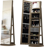 Montary 360° Rotating Jewelry Cabinet with Full-Length Mirror - Freestanding Jewelry Armoire with Lockable Storage, Built-In Lighted Mirror & Back Display Shelves,Brown