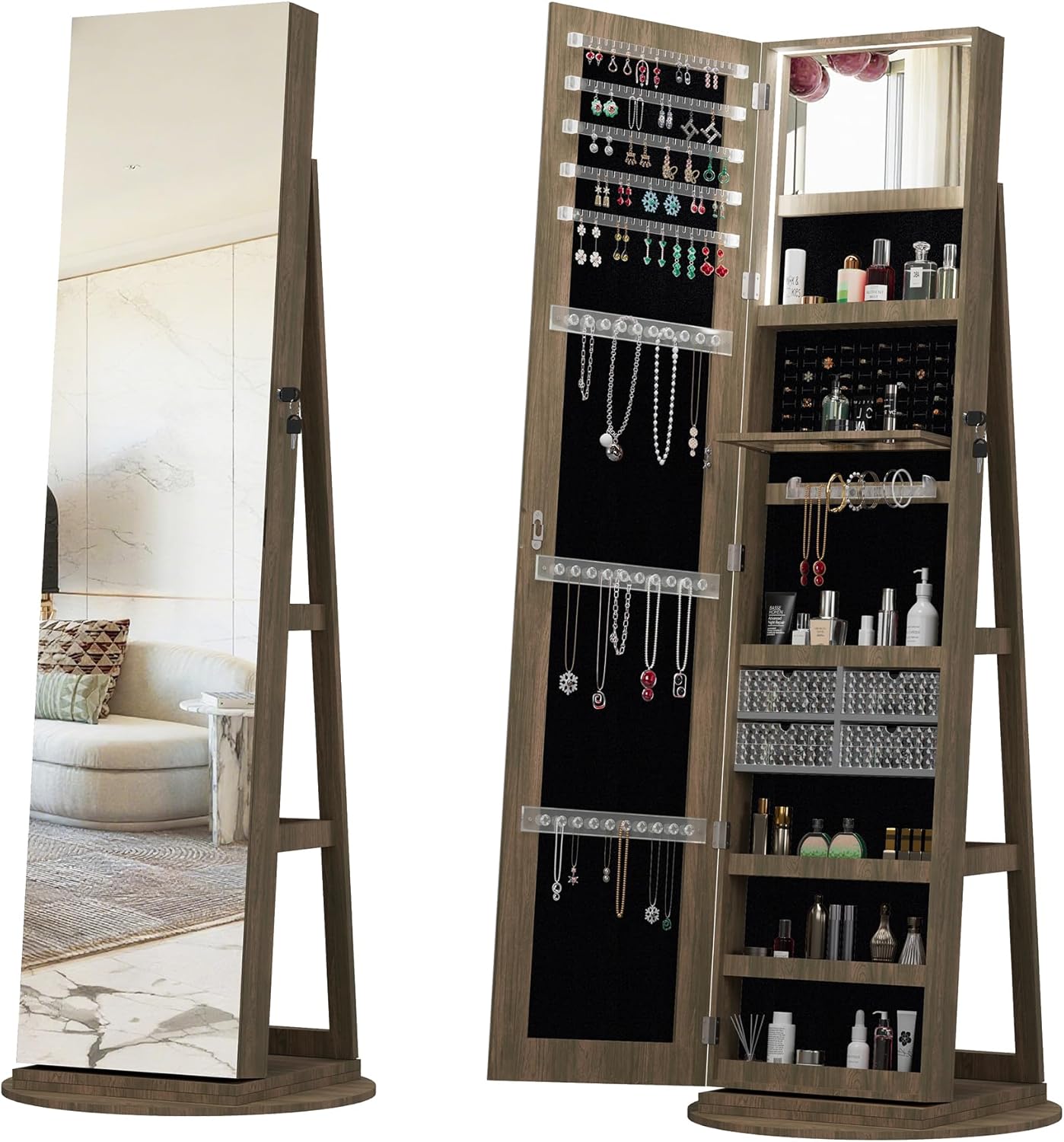 Montary 360° Rotating Jewelry Cabinet with Full-Length Mirror - Freestanding Jewelry Armoire with Lockable Storage, Built-In Lighted Mirror & Back Display Shelves,Brown