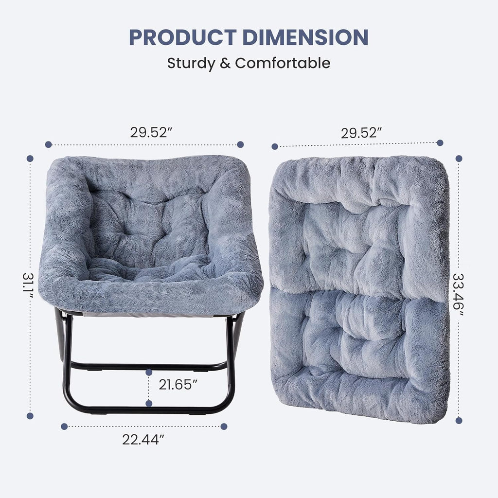 Simple Deluxe Oversized Square Moon Chair for Adults, Soft Faux Fur Folding Lounge Chair with Sturdy Steel Frame, Comfortable Reading Gaming Chair for Living Room, Bedroom, Grey