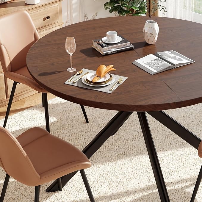 47.2" 5-Piece Round Dining Table Set for 4, Modern Wood Dining Table with 4 Upholstered Chairs, Kitchen & Dining Room Table Set with Metal Base for Apartment, Small Space, Walnut Table+4 Brown Chairs