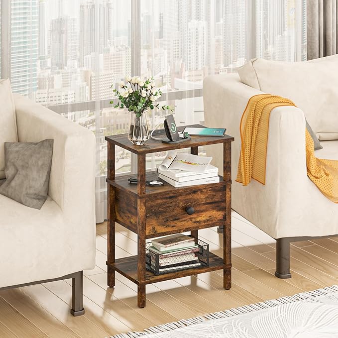Lerliuo Nightstand Set of 2 with Charging Station and USB Ports, 3-Tier Stora...