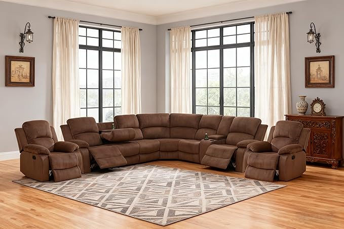 Manual Recliner Sectional Sofa Set, Fabric L-Shaped Living Room Furniture Sets, Reclining Sectional Corner Couch and 2 Reclining Chairs Set for Home Office (Brown, Sectional + 2 Chairs)