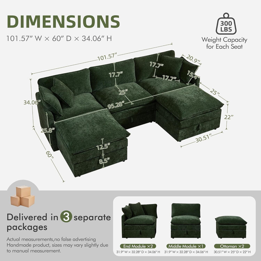 WorthFurni Modular Sectional Sofa with Storage Ottomans,103" U-Shaped Cl...