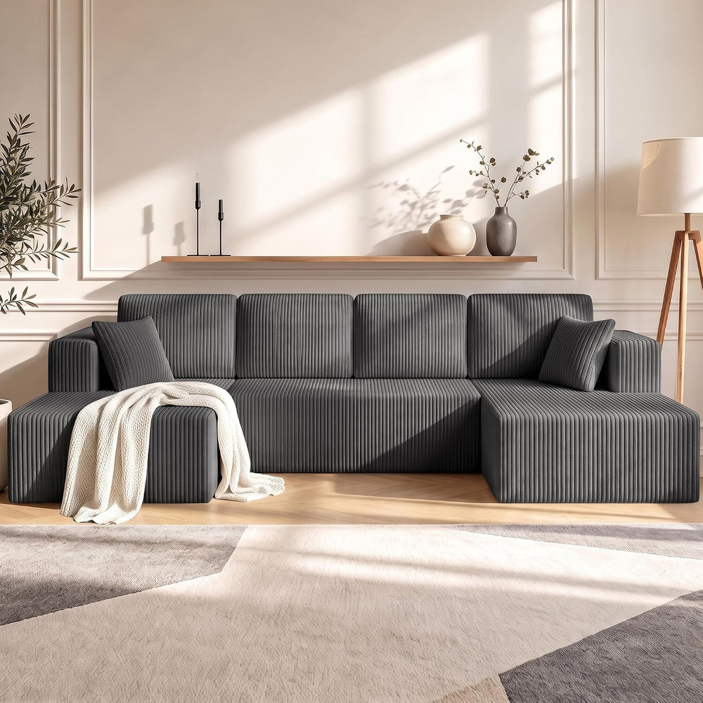 130" Couch U-Shaped Sectional Sofa, Grey | Corduroy Cloud Couch with Dou...