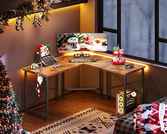 Casaottima L Shaped Gaming Desk, Corner Gaming Table for Home Office, Computer Desk Sturdy Writing Workstation for Small Space, Easy to Assemble, 51 inch, Rustic Brown