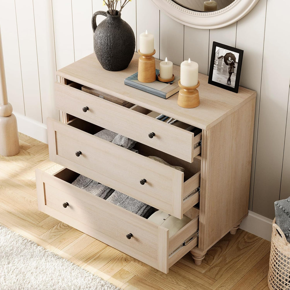 WAMPAT Farmhouse End Table with 3 Drawers, Large Wood Side Table Nightstands,...