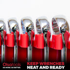 Olsa Tools Magnetic Wrench Organizer, Red - 15 Slot Wrench Holder - SAE and Metric Magnetic Wrench Rack - Rubberized Scratch Free Base - Wall or Toolbox Mountable Wrench Storage - Part: 1877