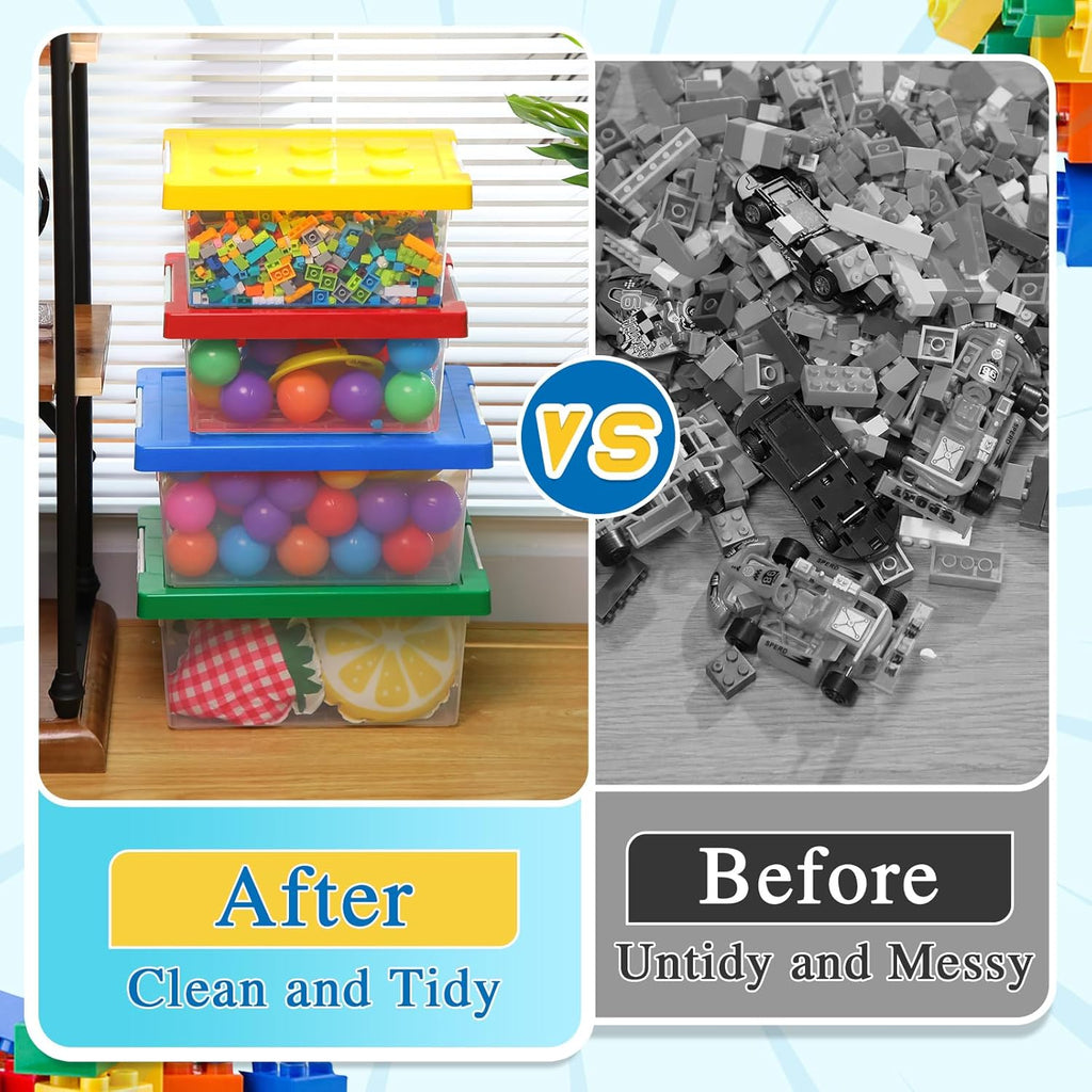 Vicenpal 4 Pack Toy Storage Containers with Lids Brick Shaped Kids Toy Organizer Box Plastic Clear Stackable Bin Chest for Building Block Dolls(Large, X-Large,Red, Yellow, Blue, Green)
