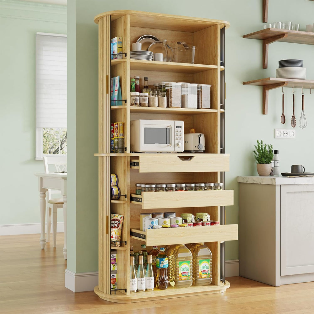 iPormis Kitchen Pantry with Sliding Doors, Tall Modern Curved Pantry Storage ...
