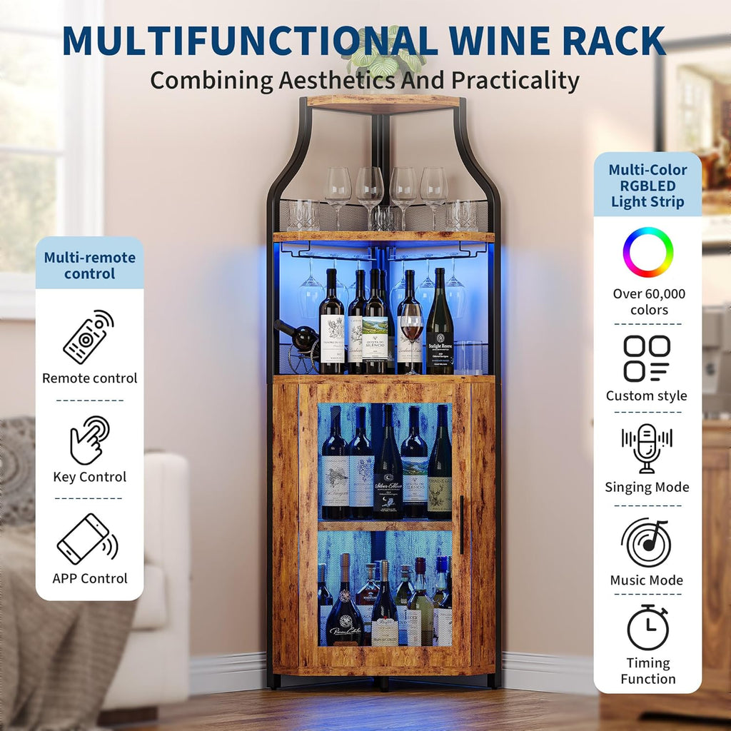 GarveeHome Corner Bar Wine Cabinet with LED Lights, 5-Tier Industrial Wine Cabinet with Glass Holder, Modern Liquor Cabinet with Adjustable Shelf, Home Bar Cabinet with Mesh Door, Rustic Brown
