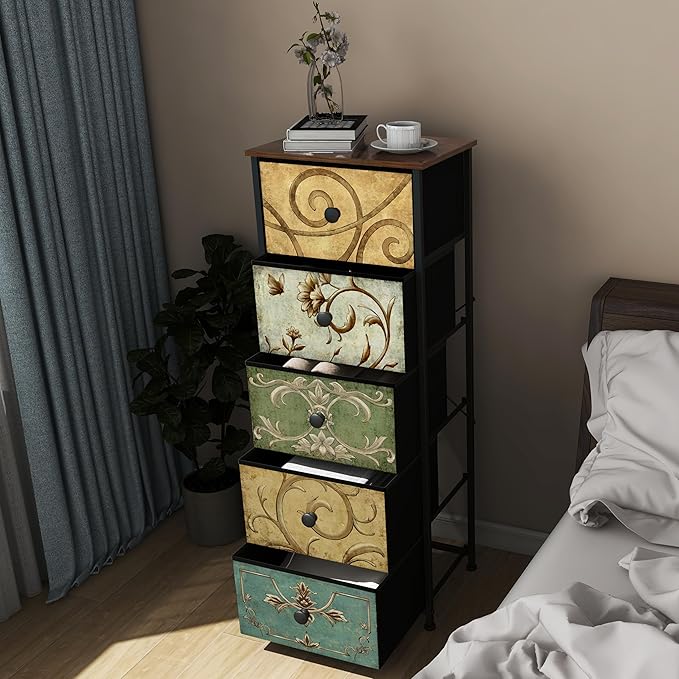 Tohomeor Small Dresser for Bedroom with Retro Flower Narrow Drawers Slim Ches...
