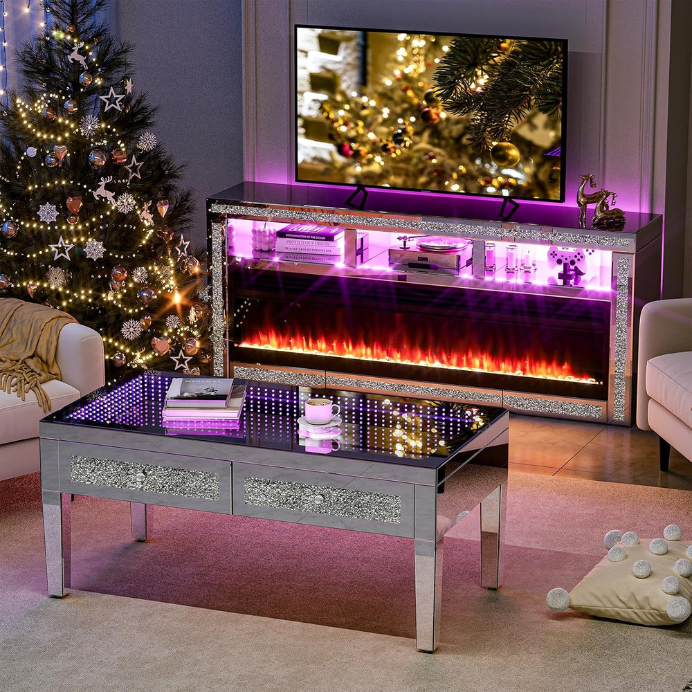 IKIFLY Mirrored Fireplace TV Stand for 65+ inch TV, Silver TV Console Table w...