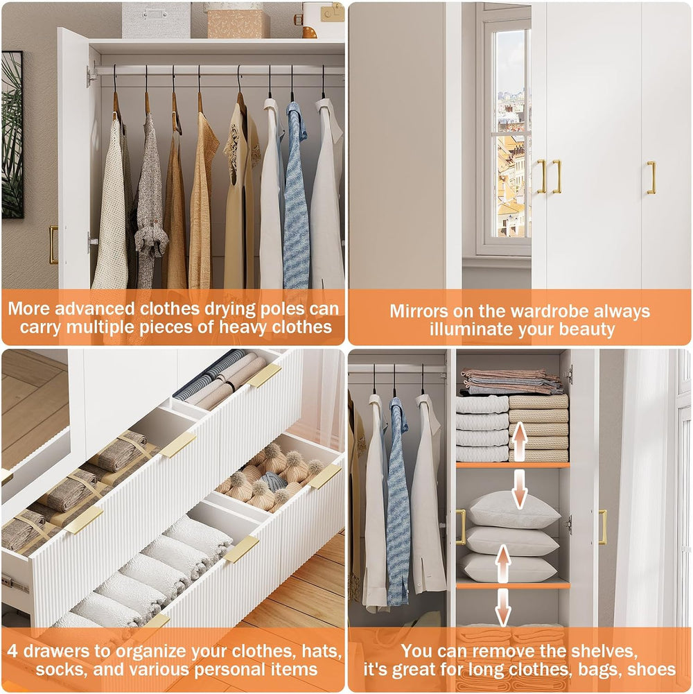 PAKASEPT Armoire Wardrobe Closet with 3 Door, Mirror, LED Lights | Hanging Ro...
