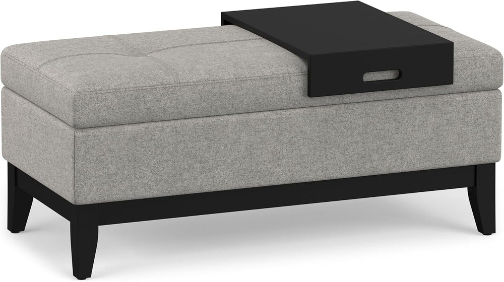 SIMPLIHOME Oregon 42" Wide Linen Look Fabric Storage Ottoman in Cloud Grey