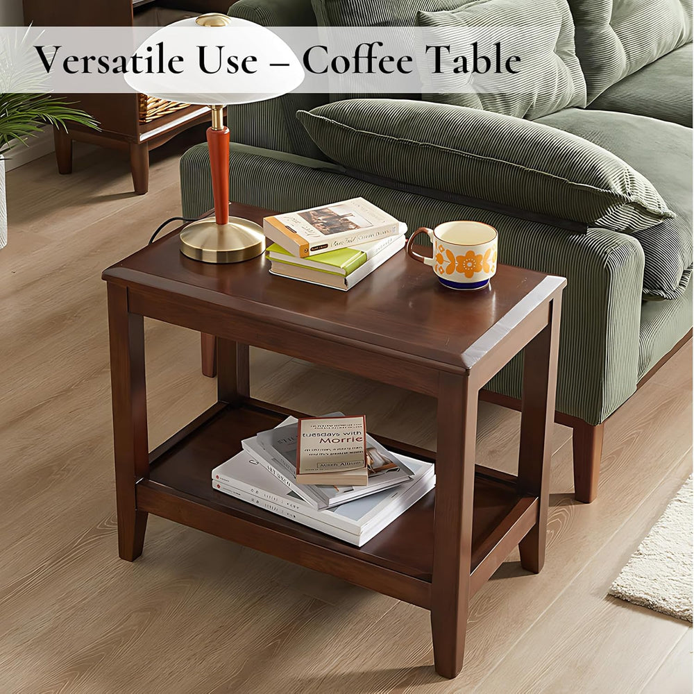 Side Table, Solid Wood Rectangular End Table with Storage Shelf, 2-Tier Coffe...
