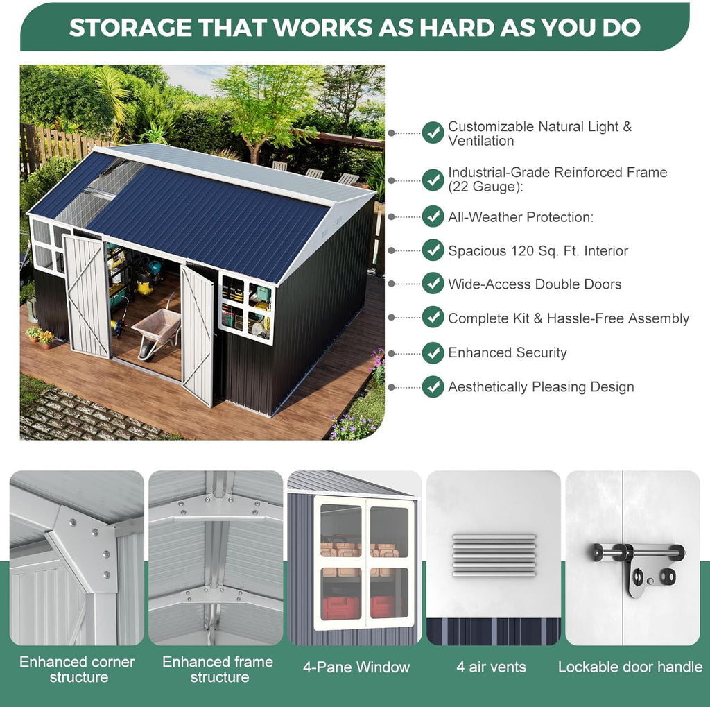 Metal shed 12x10 FT Outdoor Storage, Heavy-Duty Garden Sheds with Customizable Skylight & Reinforced Steel Frame, Weatherproof Galvanized Tool Tiny House for Backyard, Patio, and Lawn