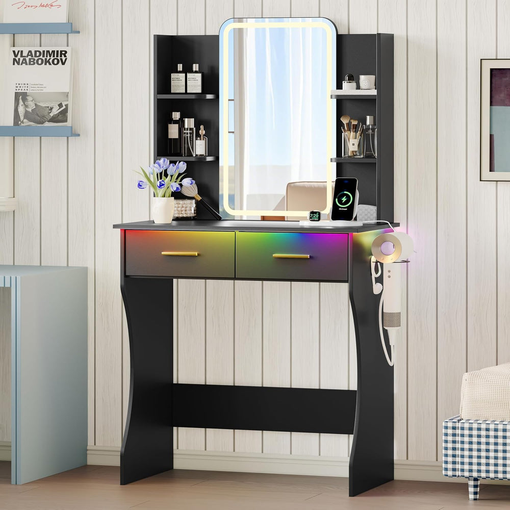 Xixini Vanity Desk with LED Lights Mirror & Power Outlet, Small Makeup Va...